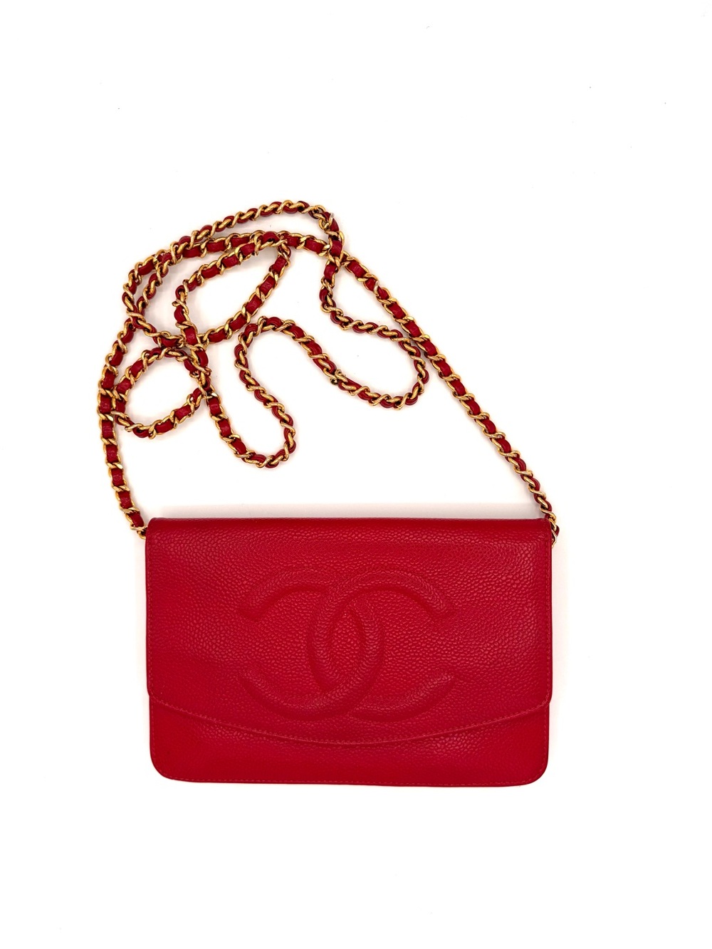 CHANEL Red Caviar Leather Crossbody Wallet with Gold Chain